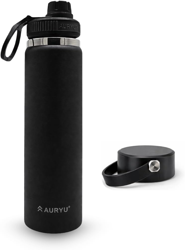 Black 24oz Insulated Water Bottle, Triple-Walled Stainless Steel Thermos, Leak Proof Wide Mouth Flask with Bonus Spout Lid, BPA-Free for Gym, Travel, Sports, Hot & Cold