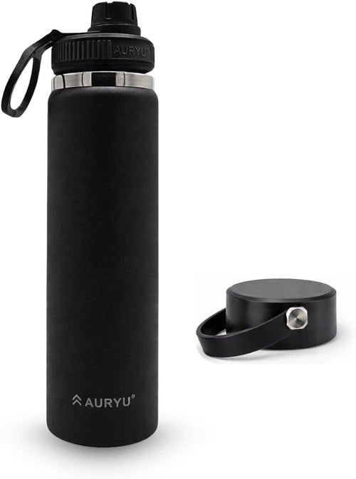 Black 24oz Insulated Water Bottle, Triple-Walled Stainless Steel Thermos, Leak Proof Wide Mouth Flask with Bonus Spout Lid, BPA-Free for Gym, Travel, Sports, Hot & Cold