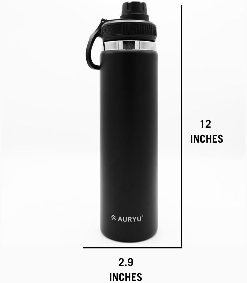 Black 24oz Insulated Water Bottle, Triple-Walled Stainless Steel Thermos, Leak Proof Wide Mouth Flask with Bonus Spout Lid, BPA-Free for Gym, Travel, Sports, Hot & Cold