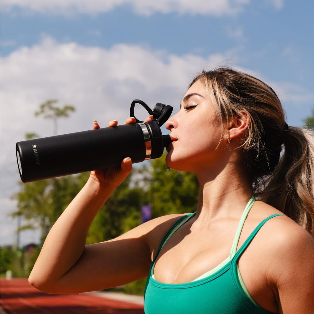 Black 24oz Insulated Water Bottle, Triple-Walled Stainless Steel Thermos, Leak Proof Wide Mouth Flask with Bonus Spout Lid, BPA-Free for Gym, Travel, Sports, Hot & Cold
