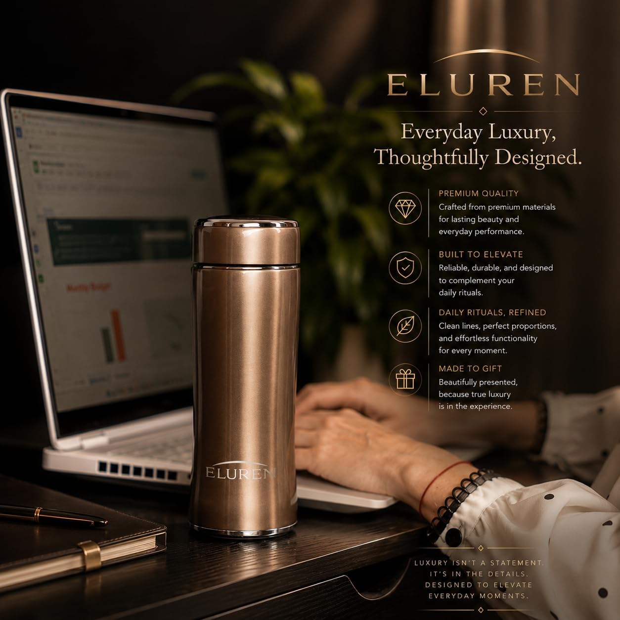 Luxury Vacuum Insulated Stainless Steel Water/Coffee Bottle/Tumbler with Tea Infuser, Double-Wall Insulated Flask Keeps Drinks Hot 12 hrs/Cold 24 hrs, Travel, Leakproof Lid, Gift-Ready (Bronze)