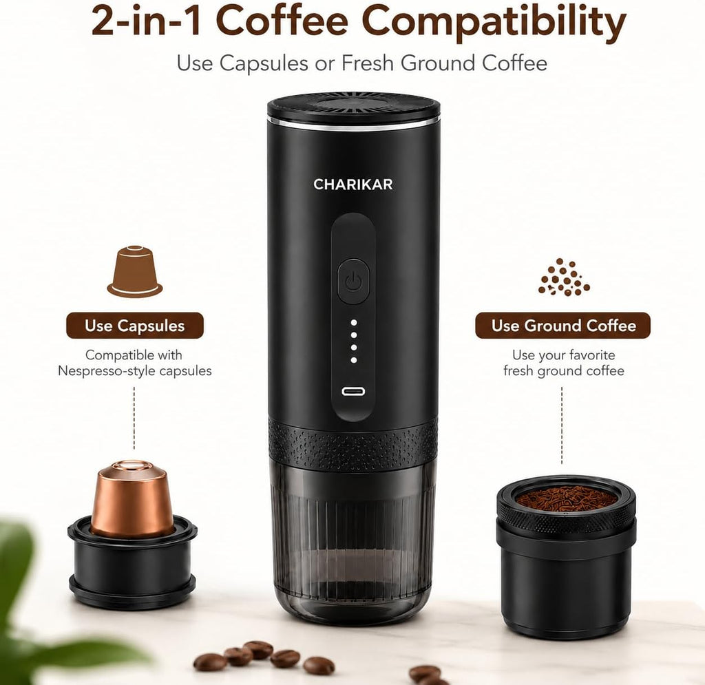 Portable Espresso Machine, Self-Heating Travel Coffee Maker, 20 Bar Pressure, 7500mAh Rechargeable, Compatible with Capsules & Ground Coffee, Compact Espresso Maker for Camping, Car & Office