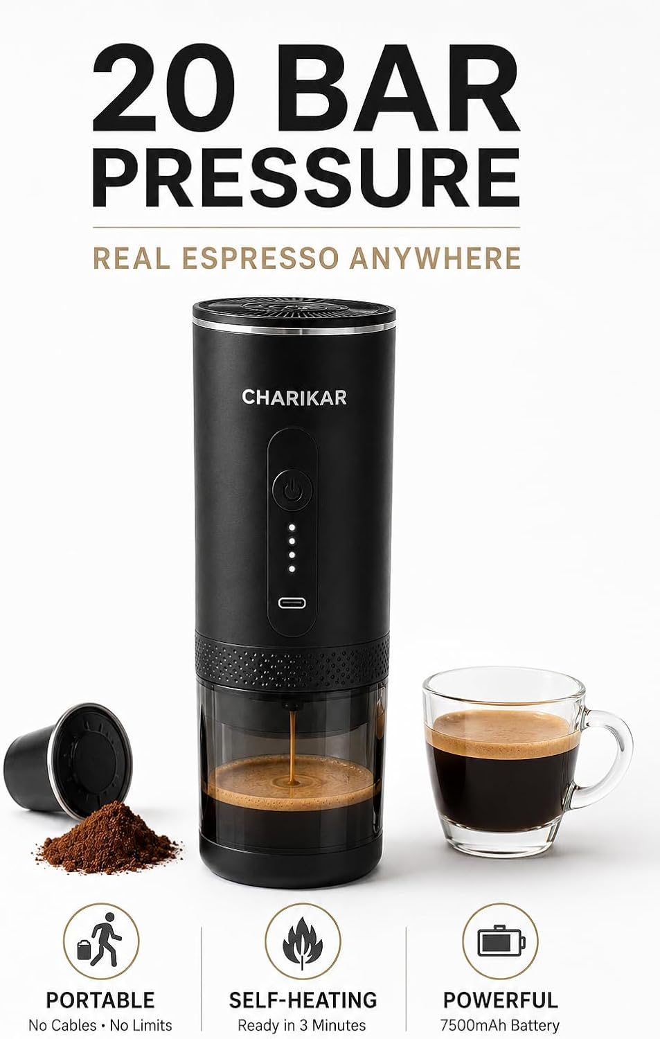 Portable Espresso Machine, Self-Heating Travel Coffee Maker, 20 Bar Pressure, 7500mAh Rechargeable, Compatible with Capsules & Ground Coffee, Compact Espresso Maker for Camping, Car & Office