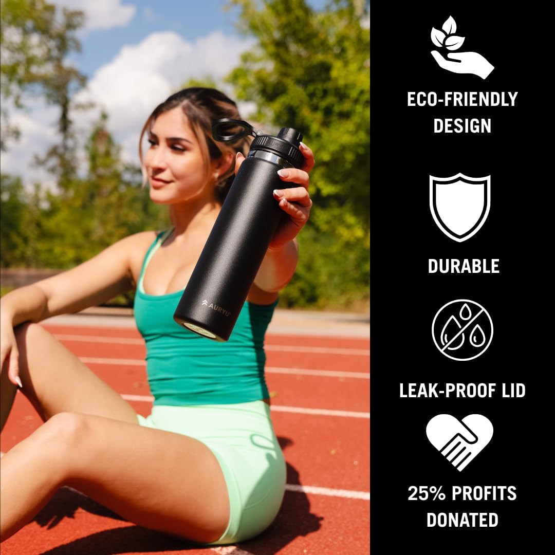 Black 24oz Insulated Water Bottle, Triple-Walled Stainless Steel Thermos, Leak Proof Wide Mouth Flask with Bonus Spout Lid, BPA-Free for Gym, Travel, Sports, Hot & Cold
