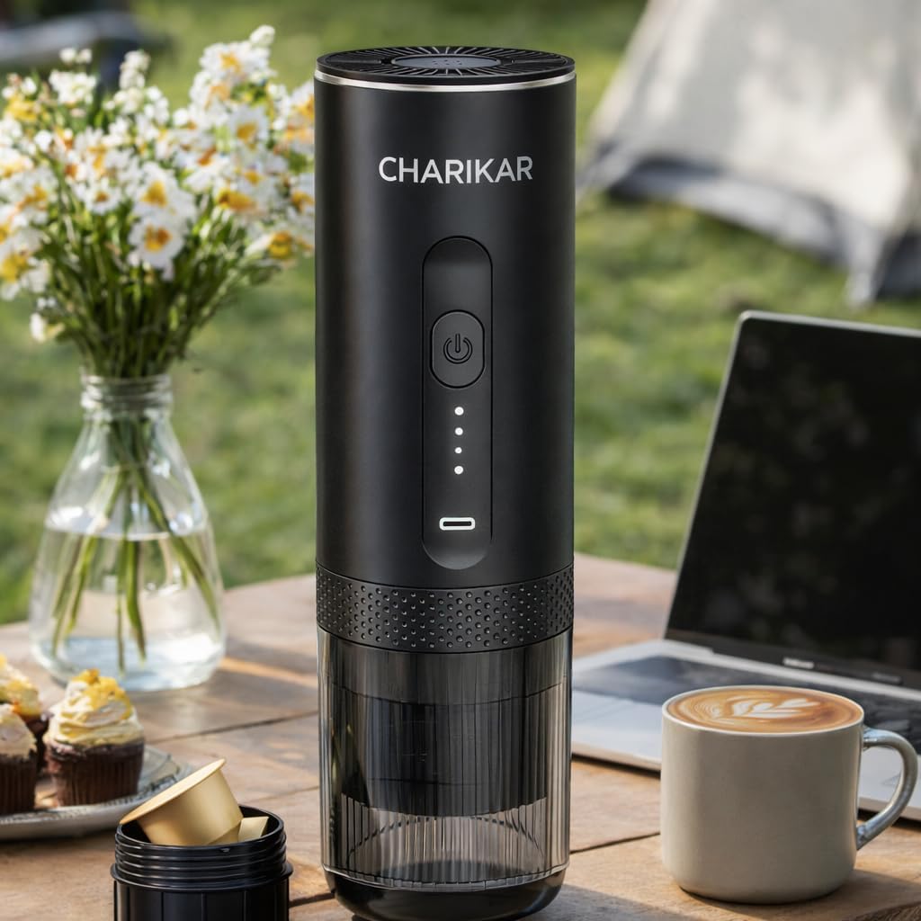Portable Espresso Machine, Self-Heating Travel Coffee Maker, 20 Bar Pressure, 7500mAh Rechargeable, Compatible with Capsules & Ground Coffee, Compact Espresso Maker for Camping, Car & Office