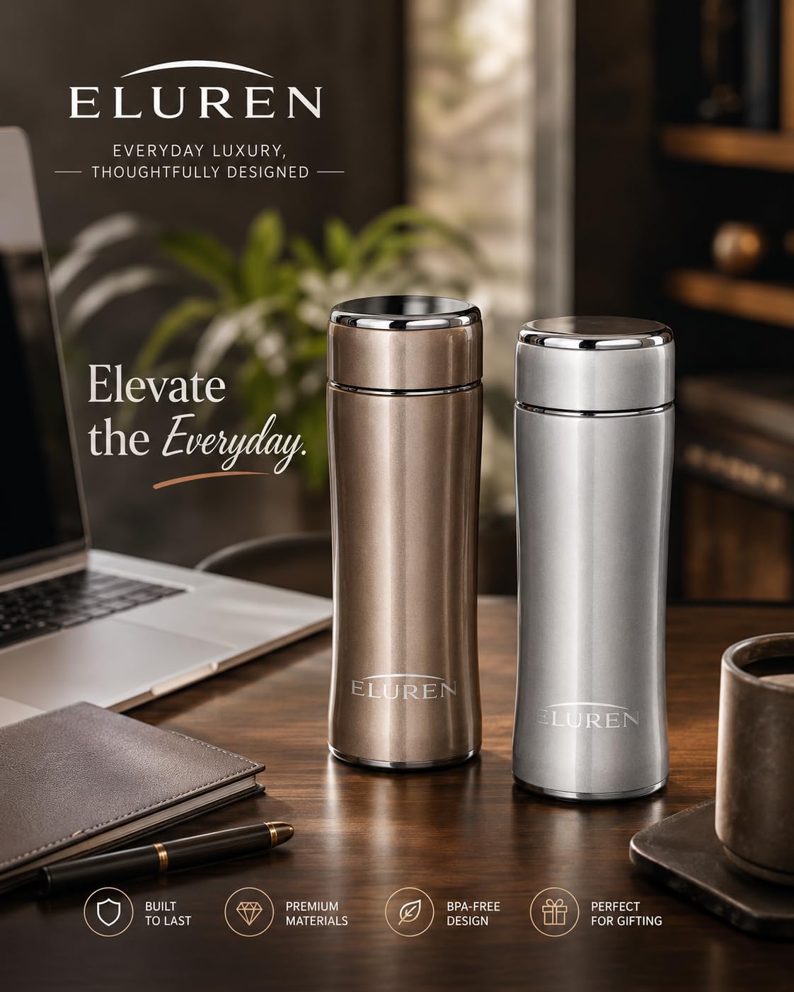 Luxury Vacuum Insulated Stainless Steel Water/Coffee Bottle/Tumbler with Tea Infuser, Double-Wall Insulated Flask Keeps Drinks Hot 12 hrs/Cold 24 hrs, Travel, Leakproof Lid, Gift-Ready (Bronze)