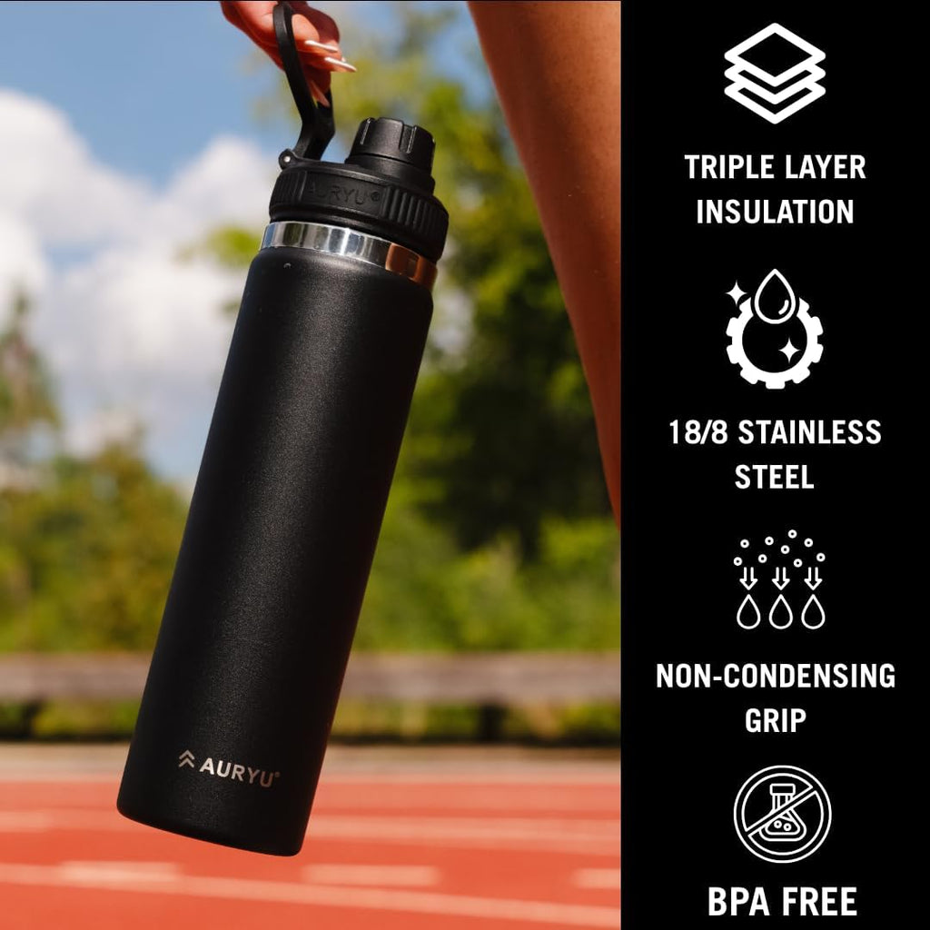 Black 24oz Insulated Water Bottle, Triple-Walled Stainless Steel Thermos, Leak Proof Wide Mouth Flask with Bonus Spout Lid, BPA-Free for Gym, Travel, Sports, Hot & Cold