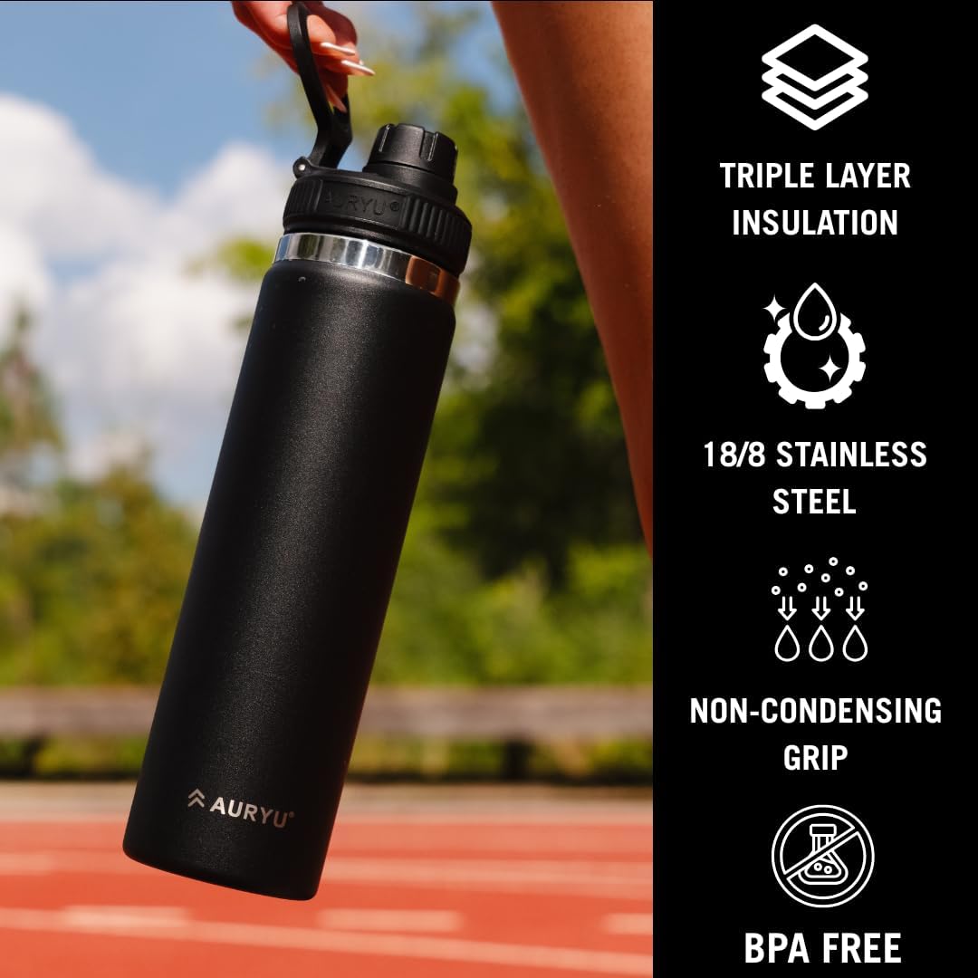 Black 24oz Insulated Water Bottle, Triple-Walled Stainless Steel Thermos, Leak Proof Wide Mouth Flask with Bonus Spout Lid, BPA-Free for Gym, Travel, Sports, Hot & Cold
