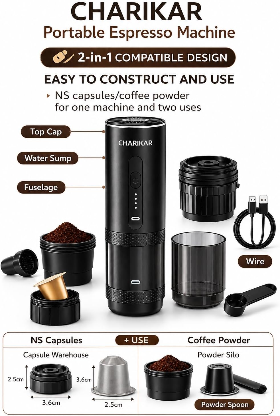 Portable Espresso Machine, Self-Heating Travel Coffee Maker, 20 Bar Pressure, 7500mAh Rechargeable, Compatible with Capsules & Ground Coffee, Compact Espresso Maker for Camping, Car & Office