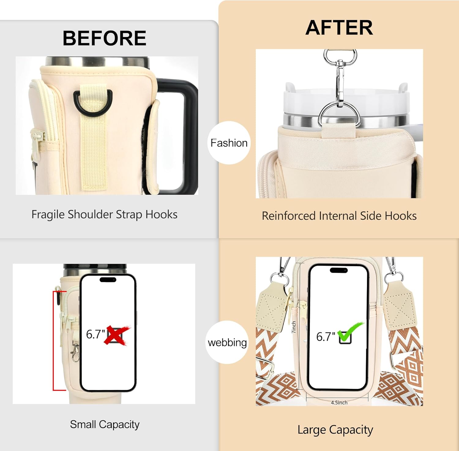 LOKASS Personalized for Stanley Cup Accessories 30oz, Initial Stanley Cup Holder with Strap, Cup Carrier Bag Water Bottle Holder with Phone Pocket Gifts for Women, Girls, Mom Travel, Walking,Work