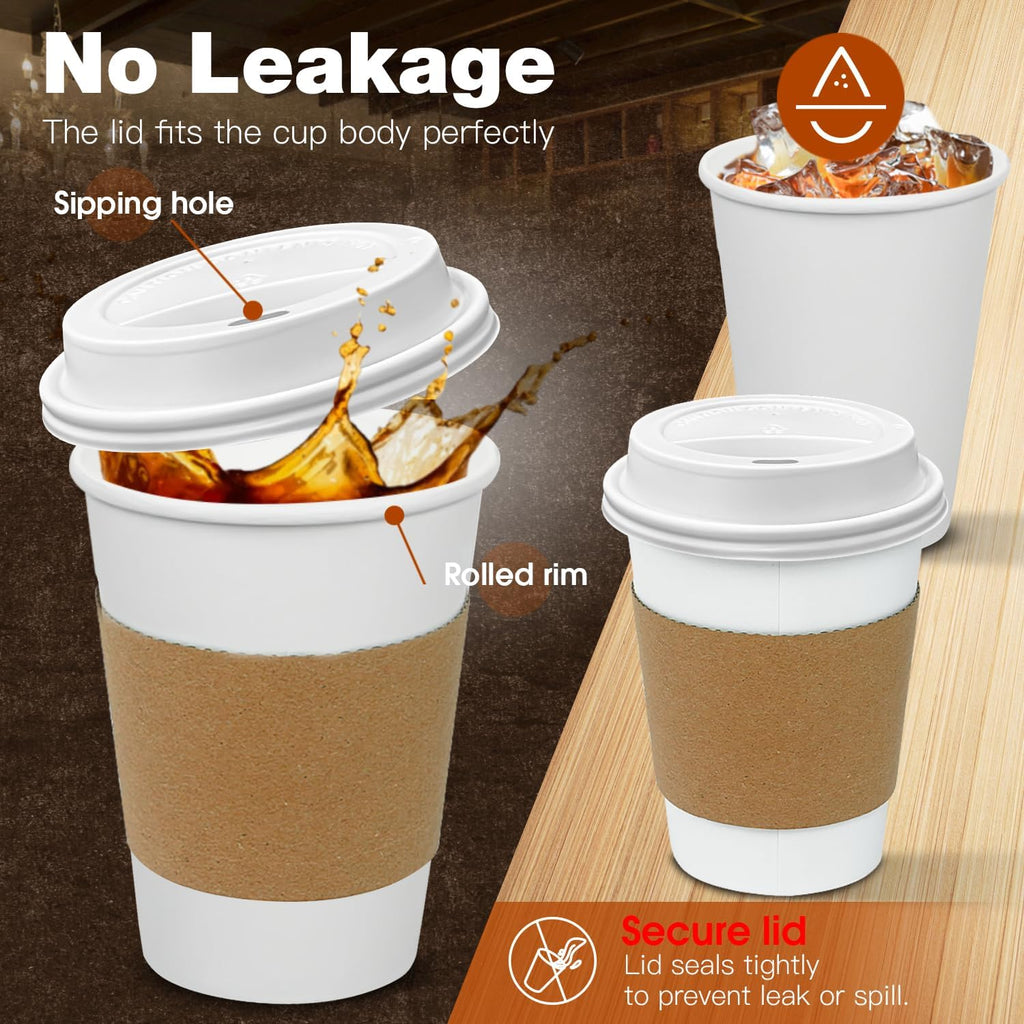 Ginkgo 100 Pack 12 oz Leak-Proof Coffee Cups with Lids and Sleeves Disposable To Go Hot Travel Paper Cups, Hot Chocolate, Cocoa, Tea, Coffee Bar Accessories