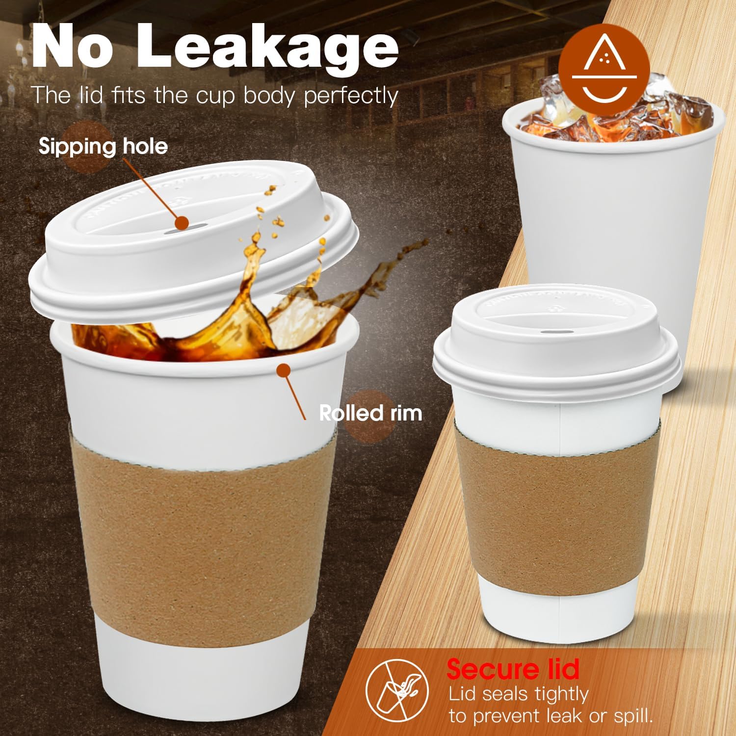 Ginkgo 100 Pack 12 oz Leak-Proof Coffee Cups with Lids and Sleeves Disposable To Go Hot Travel Paper Cups, Hot Chocolate, Cocoa, Tea, Coffee Bar Accessories