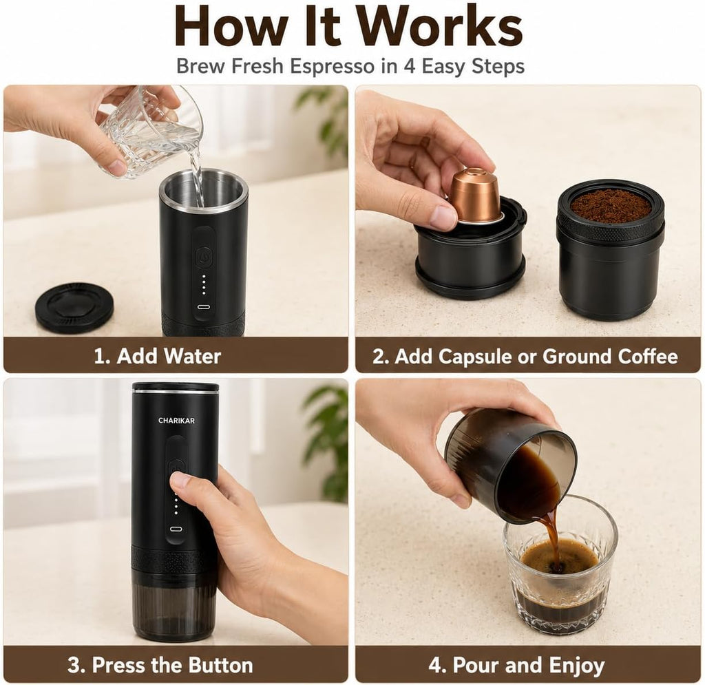 Portable Espresso Machine, Self-Heating Travel Coffee Maker, 20 Bar Pressure, 7500mAh Rechargeable, Compatible with Capsules & Ground Coffee, Compact Espresso Maker for Camping, Car & Office