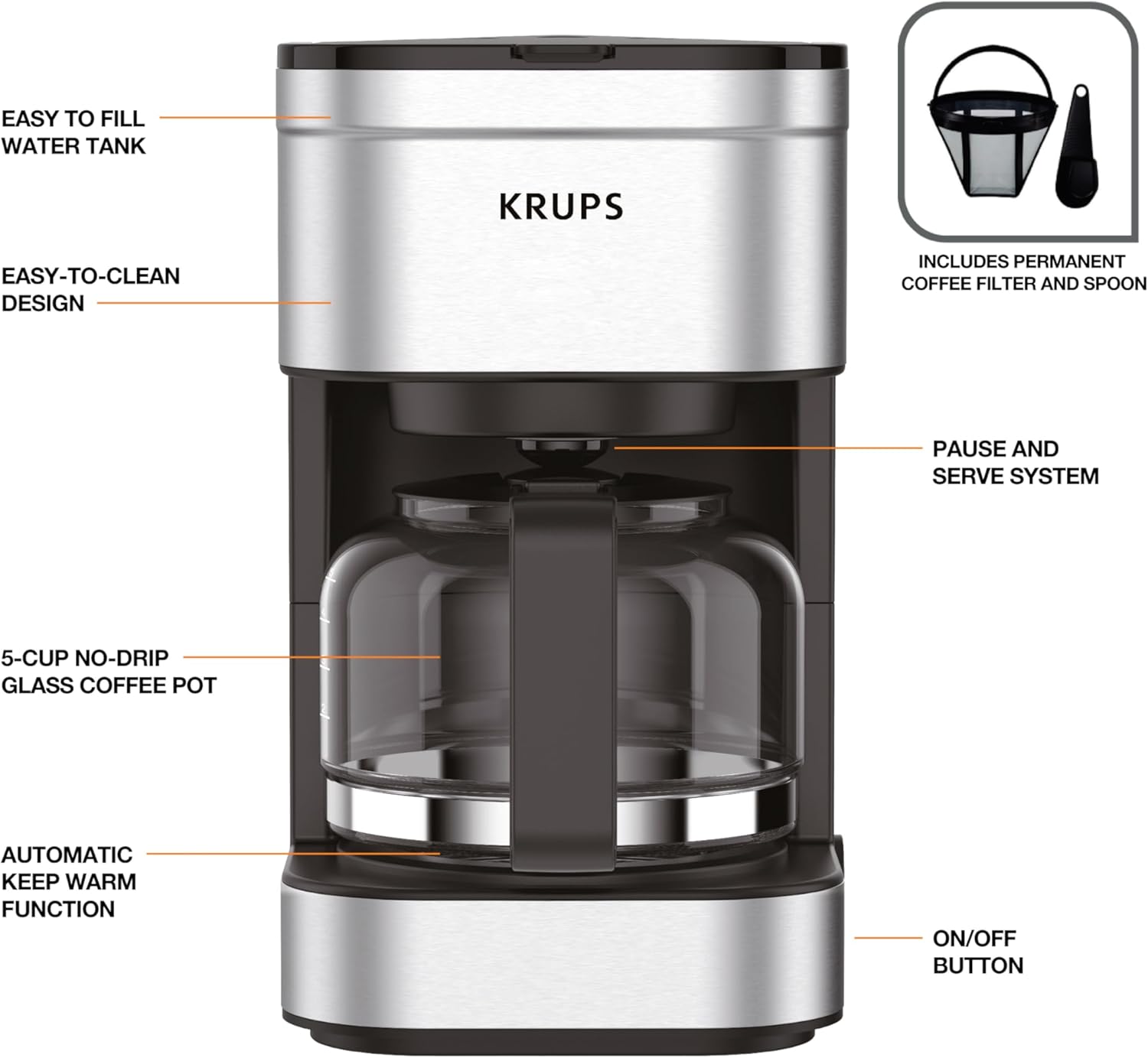 KRUPS Simply Brew Compact 5 Cup Coffee Maker: Stainless Steel Design, Pause & Brew, Keep Warm, Reusable Filter, Drip-Free Carafe