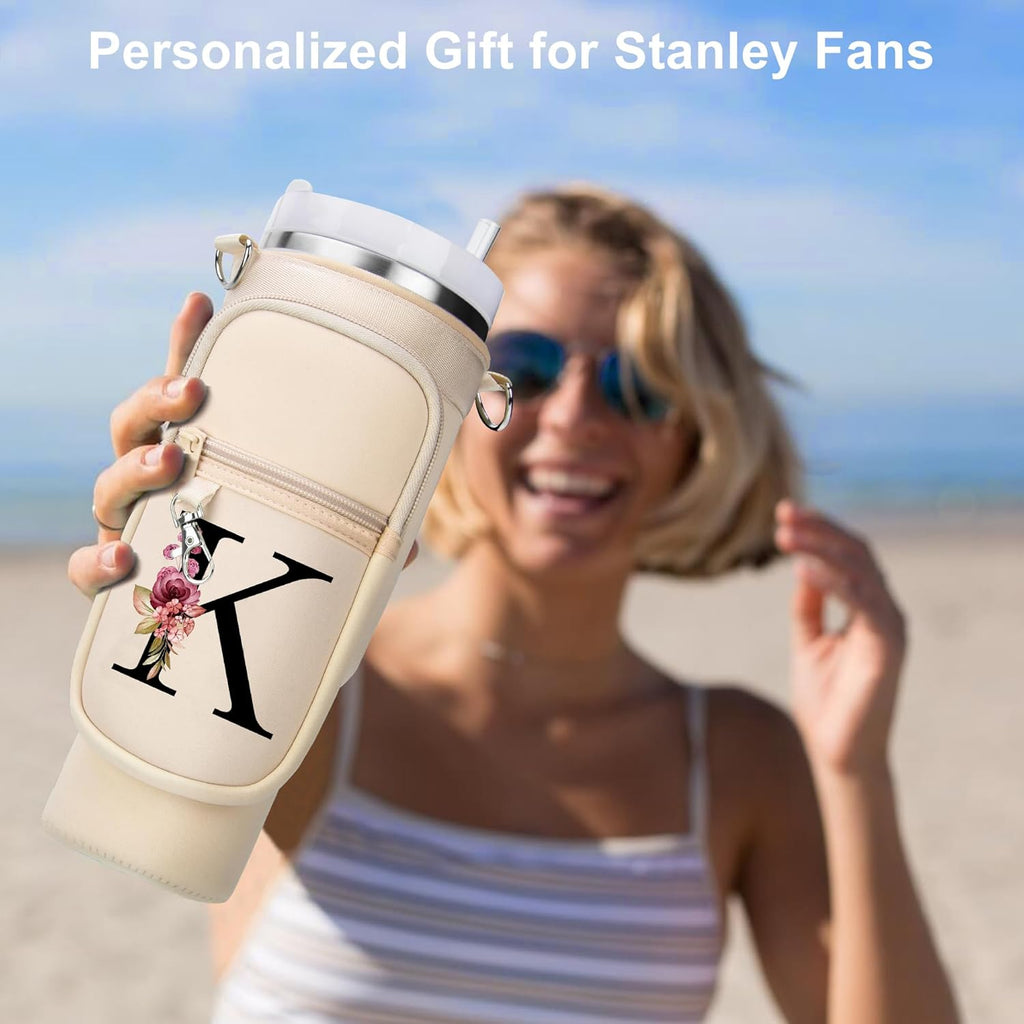 LOKASS Personalized for Stanley Cup Accessories 30oz, Initial Stanley Cup Holder with Strap, Cup Carrier Bag Water Bottle Holder with Phone Pocket Gifts for Women, Girls, Mom Travel, Walking,Work