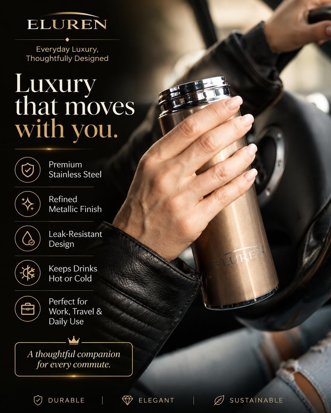 Luxury Vacuum Insulated Stainless Steel Water/Coffee Bottle/Tumbler with Tea Infuser, Double-Wall Insulated Flask Keeps Drinks Hot 12 hrs/Cold 24 hrs, Travel, Leakproof Lid, Gift-Ready (Bronze)
