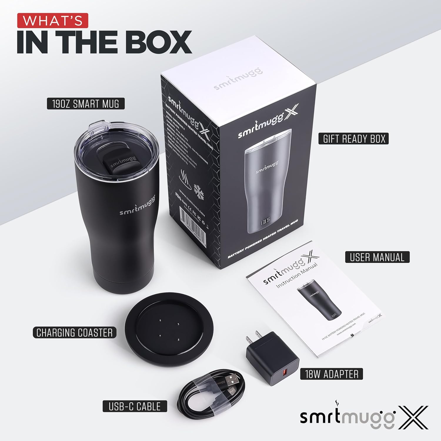 SmrtMugg X Heated Coffee Mug 19 oz., 8 Hour Battery Life, Self-Heating, Adjustable Temp Controlled, LCD Screen, One Button Temperature Adjustment, Includes Cover with Magnetic Slider (Black) (Black)