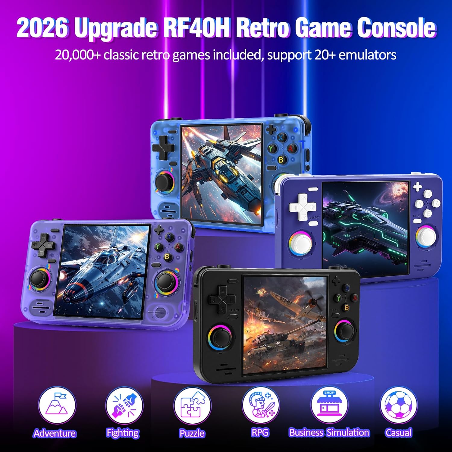 RF40H Handheld Game Console, 4.0" Retro Gaming Console Preloaded 20,000+ Classic Games, Open Source Linux System, Support WiFi Online Play, Portable Pocket Hand Held Video Game (Black)