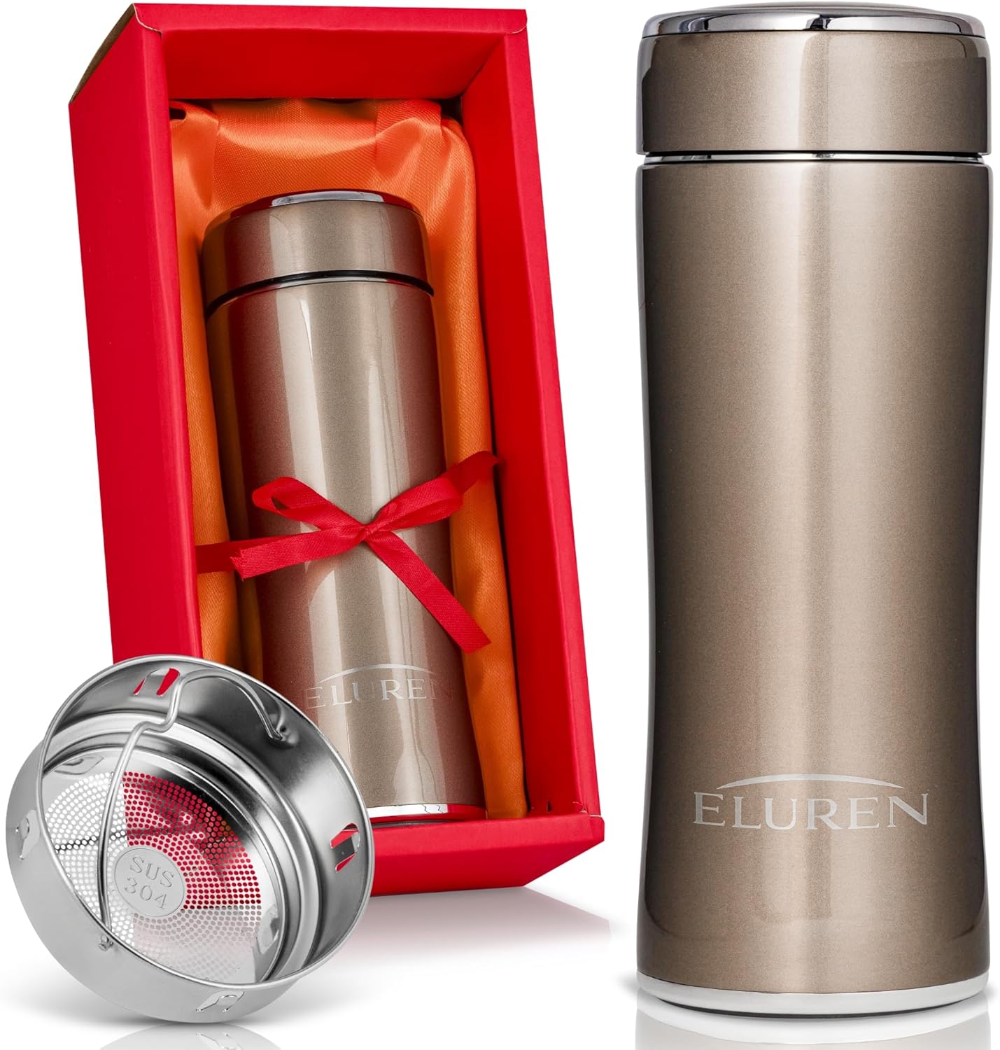 Luxury Vacuum Insulated Stainless Steel Water/Coffee Bottle/Tumbler with Tea Infuser, Double-Wall Insulated Flask Keeps Drinks Hot 12 hrs/Cold 24 hrs, Travel, Leakproof Lid, Gift-Ready (Bronze)