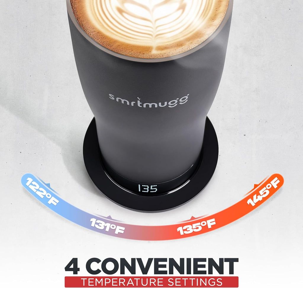 SmrtMugg X Heated Coffee Mug 19 oz., 8 Hour Battery Life, Self-Heating, Adjustable Temp Controlled, LCD Screen, One Button Temperature Adjustment, Includes Cover with Magnetic Slider (Black) (Black)