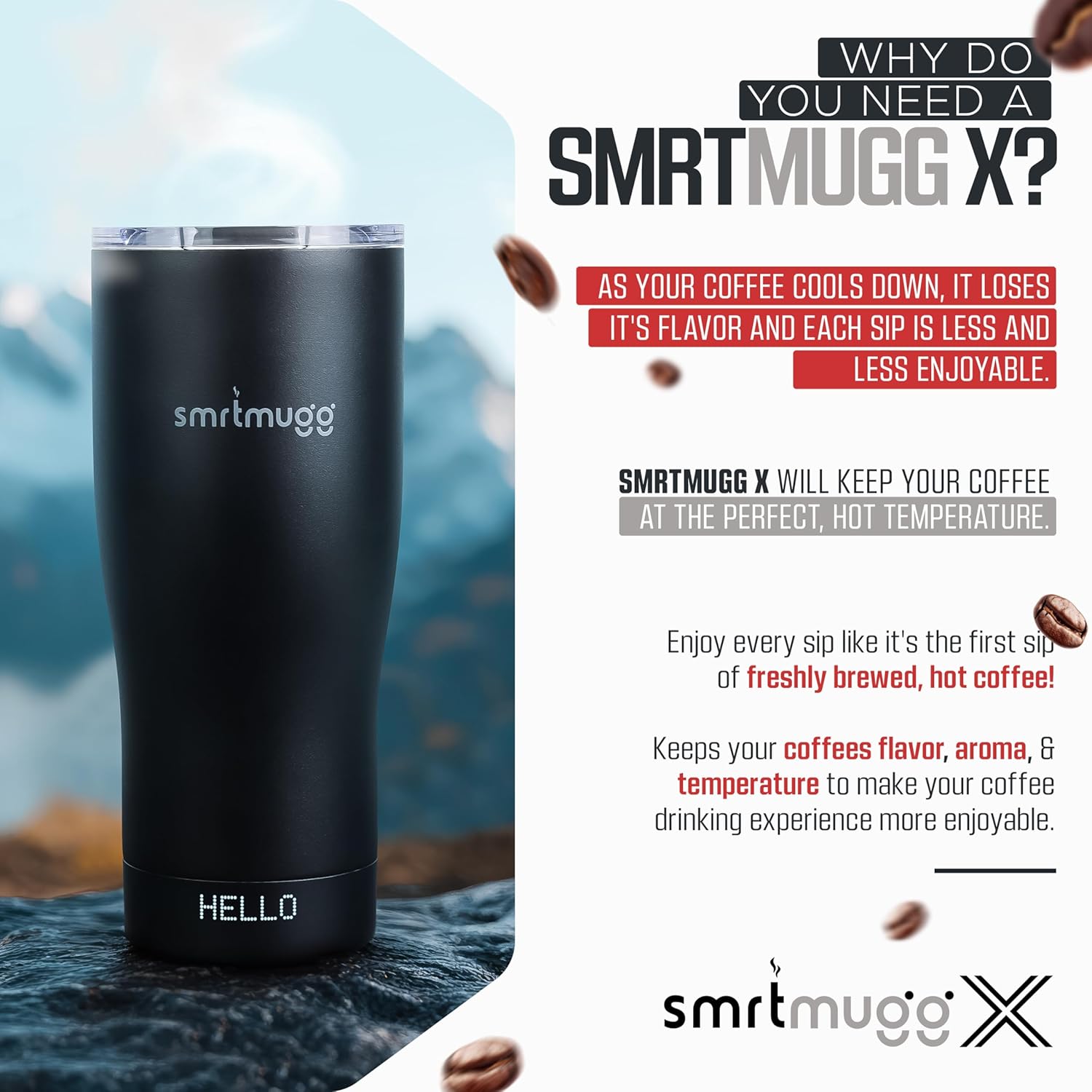SmrtMugg X Heated Coffee Mug 19 oz., 8 Hour Battery Life, Self-Heating, Adjustable Temp Controlled, LCD Screen, One Button Temperature Adjustment, Includes Cover with Magnetic Slider (Black) (Black)
