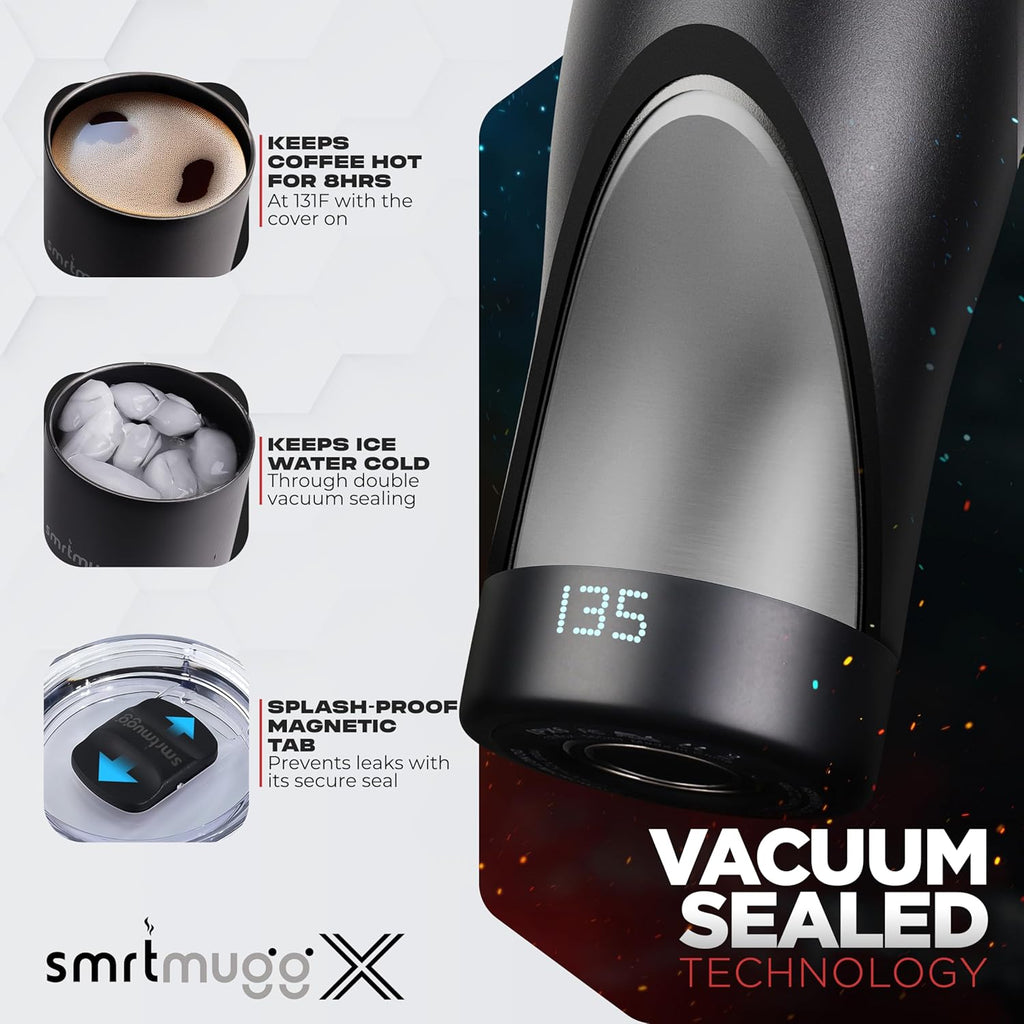 SmrtMugg X Heated Coffee Mug 19 oz., 8 Hour Battery Life, Self-Heating, Adjustable Temp Controlled, LCD Screen, One Button Temperature Adjustment, Includes Cover with Magnetic Slider (Black) (Black)