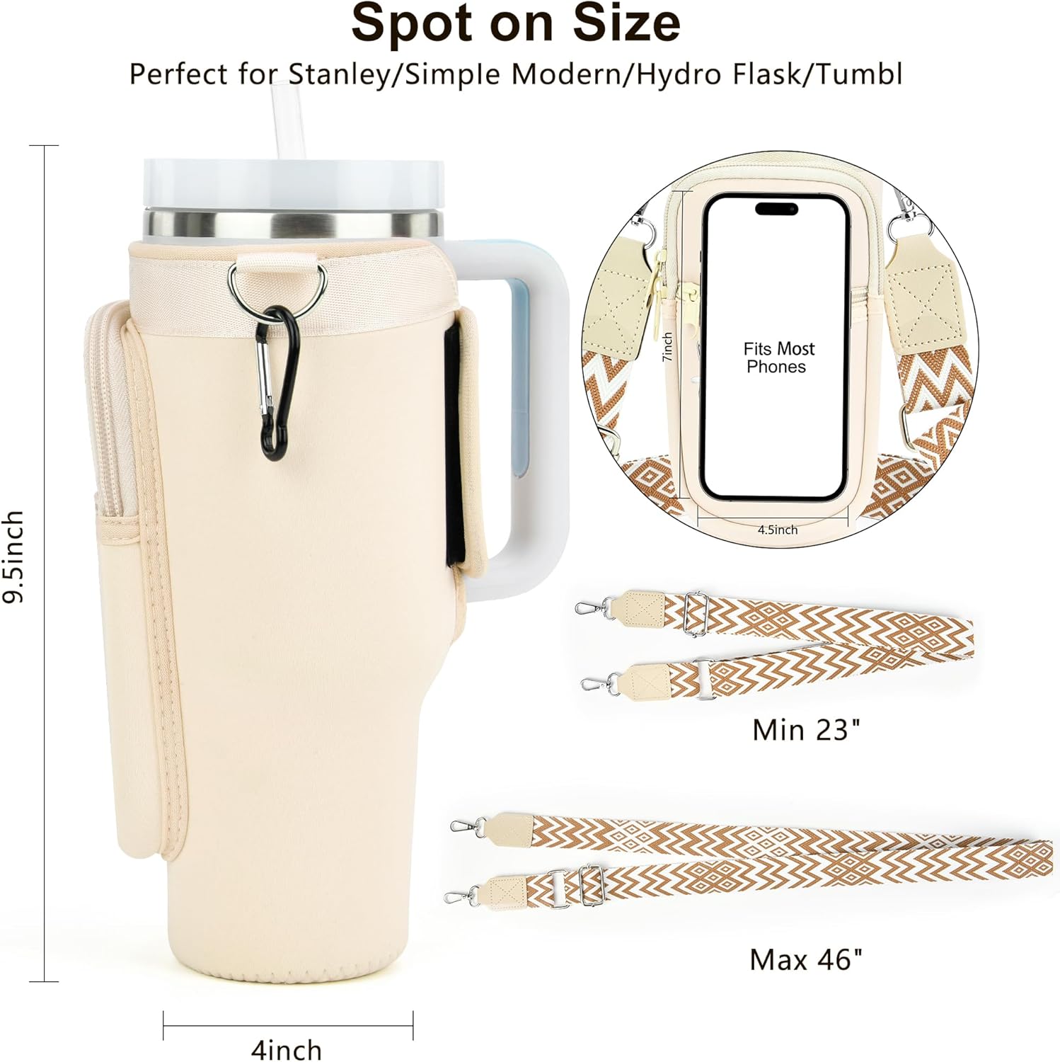 LOKASS Personalized for Stanley Cup Accessories 30oz, Initial Stanley Cup Holder with Strap, Cup Carrier Bag Water Bottle Holder with Phone Pocket Gifts for Women, Girls, Mom Travel, Walking,Work