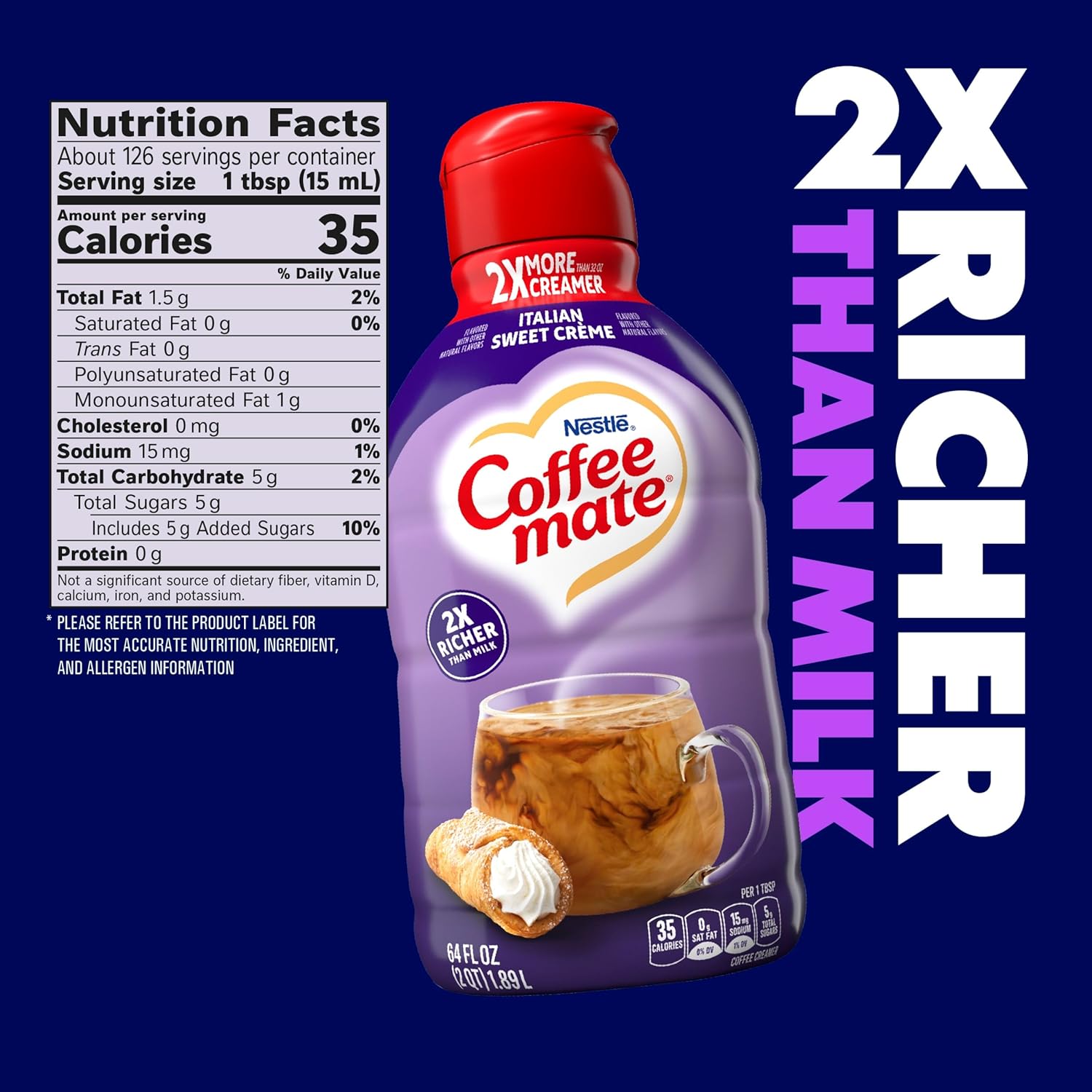 Coffee mate Italian Sweet Crème Flavored Coffee Creamer, Non-Dairy, Gluten-Free, Liquid Creamer for Coffee, Cholesterol Free, 126 Servings