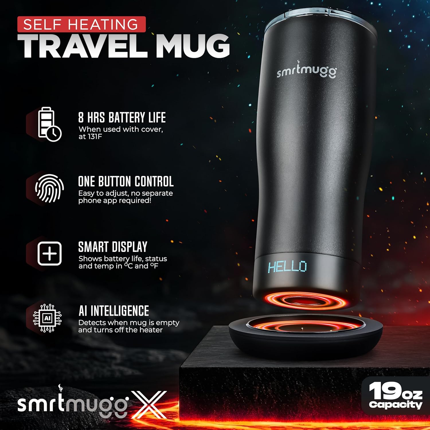 SmrtMugg X Heated Coffee Mug 19 oz., 8 Hour Battery Life, Self-Heating, Adjustable Temp Controlled, LCD Screen, One Button Temperature Adjustment, Includes Cover with Magnetic Slider (Black) (Black)