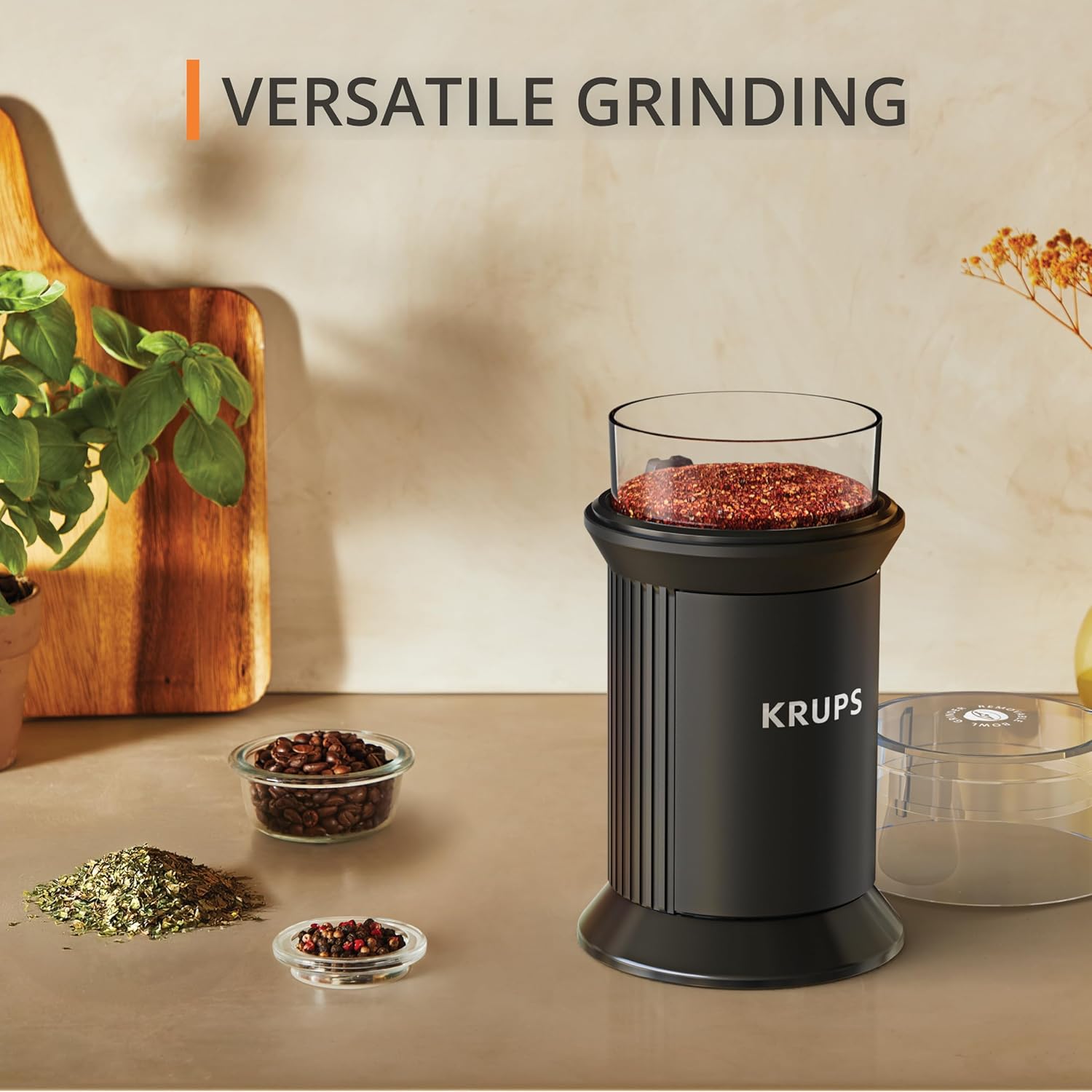 KRUPS Electric Blade Coffee Grinder 1.6 Oz, Adjustable Coarse to Fine for the Perfect Espresso, Grind Coffee Beans, Spices & Herbs, Removable Dishwasher Safe Bowl, Black