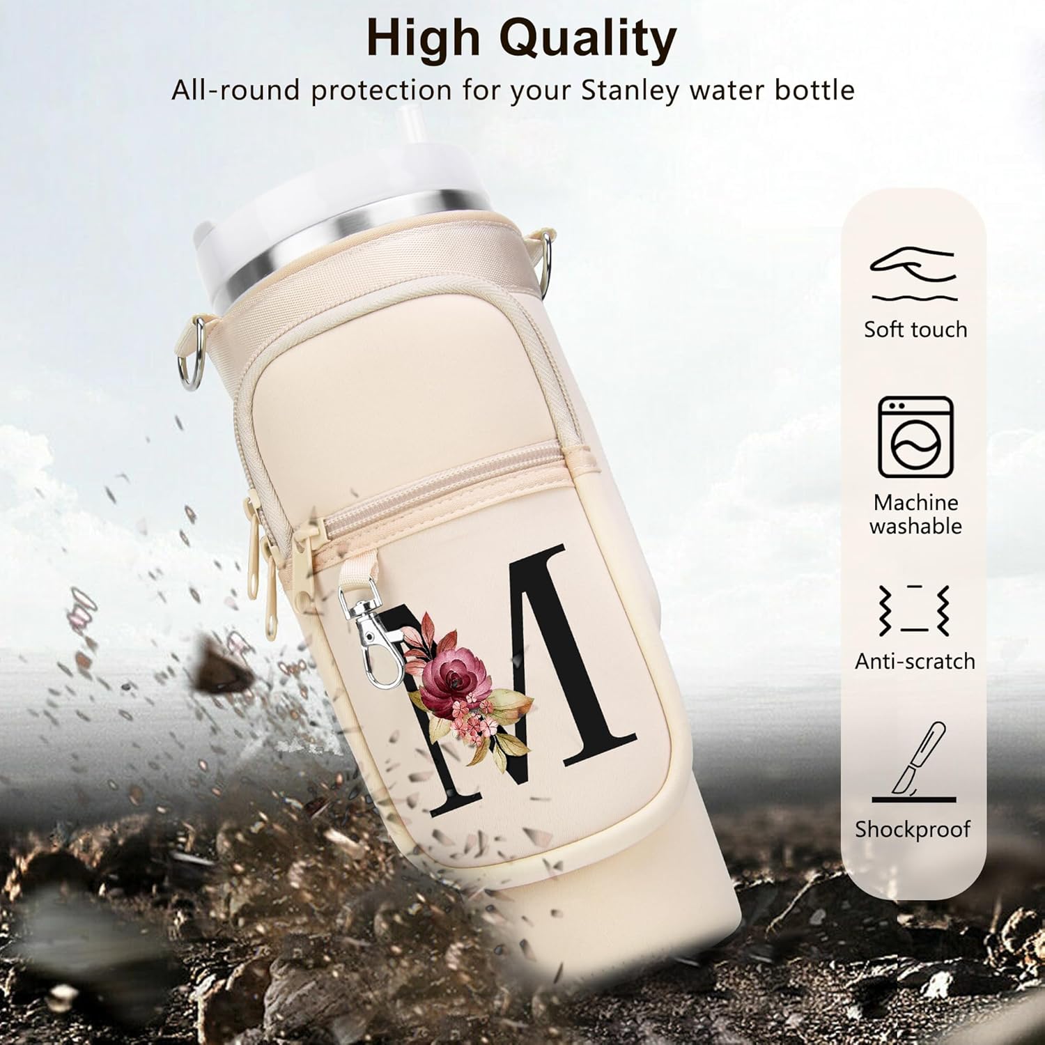 LOKASS Personalized for Stanley Cup Accessories 30oz, Initial Stanley Cup Holder with Strap, Cup Carrier Bag Water Bottle Holder with Phone Pocket Gifts for Women, Girls, Mom Travel, Walking,Work