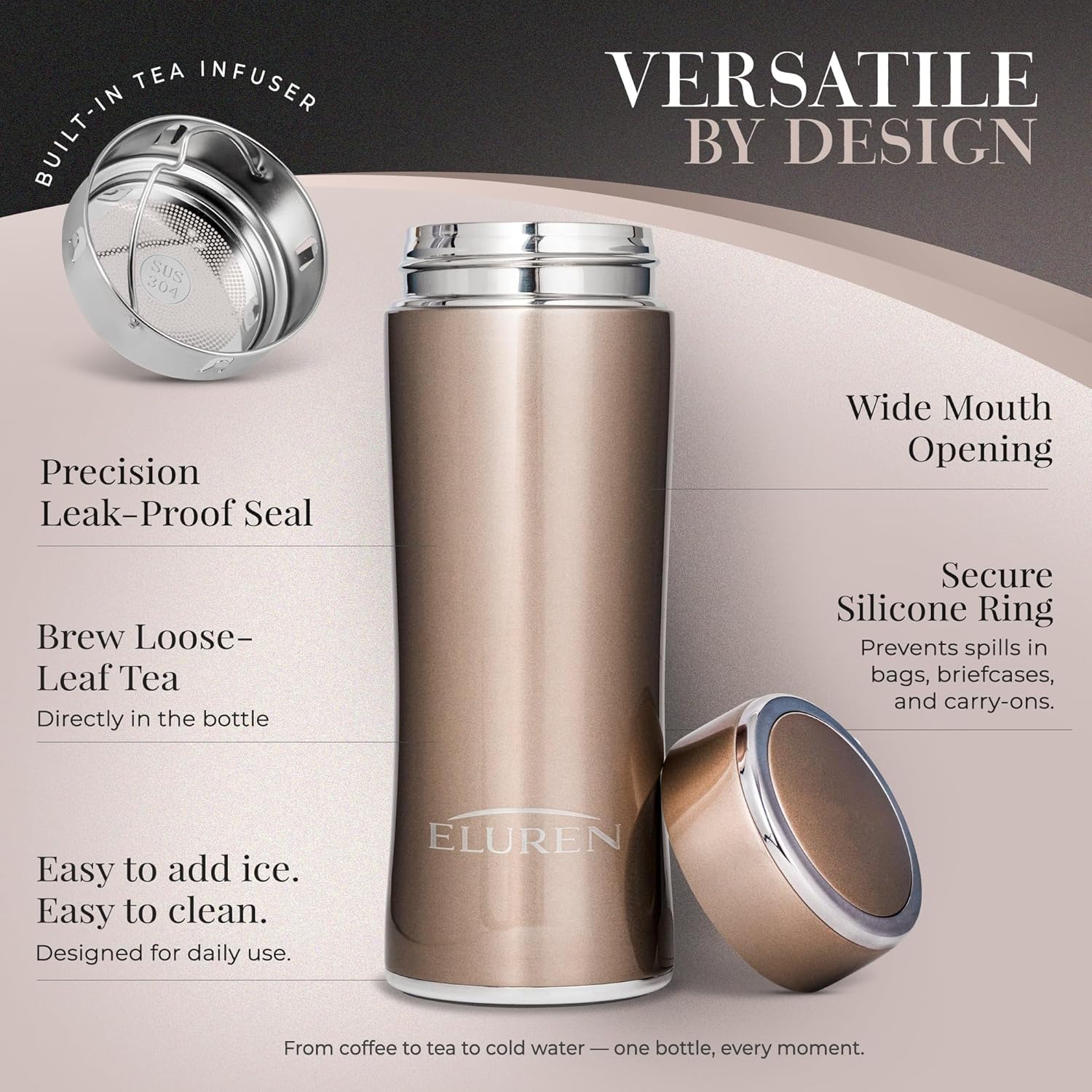 Luxury Vacuum Insulated Stainless Steel Water/Coffee Bottle/Tumbler with Tea Infuser, Double-Wall Insulated Flask Keeps Drinks Hot 12 hrs/Cold 24 hrs, Travel, Leakproof Lid, Gift-Ready (Bronze)