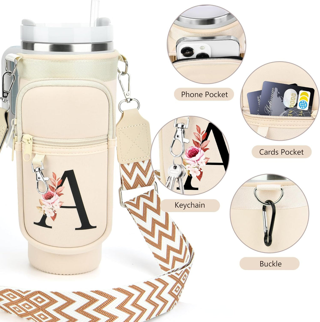 LOKASS Personalized for Stanley Cup Accessories 30oz, Initial Stanley Cup Holder with Strap, Cup Carrier Bag Water Bottle Holder with Phone Pocket Gifts for Women, Girls, Mom Travel, Walking,Work