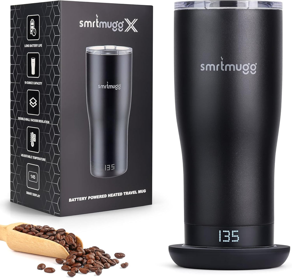 SmrtMugg X Heated Coffee Mug 19 oz., 8 Hour Battery Life, Self-Heating, Adjustable Temp Controlled, LCD Screen, One Button Temperature Adjustment, Includes Cover with Magnetic Slider (Black) (Black)